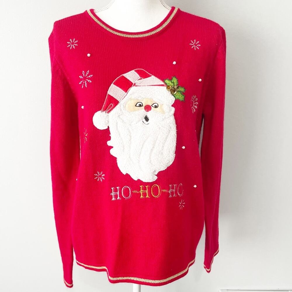 Ugly Christmas Santa holiday sweater red knit Bells size large